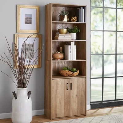 Mainstays Traditional 5 Shelf Bookcase with Doors, Weathered Oak Finish - Image 1 of 3