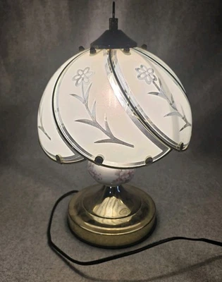14" Vintage Brass Touch Lamp . Floral.  GOLD Pink And White Flowers.  Frosted - Image 1 of 4