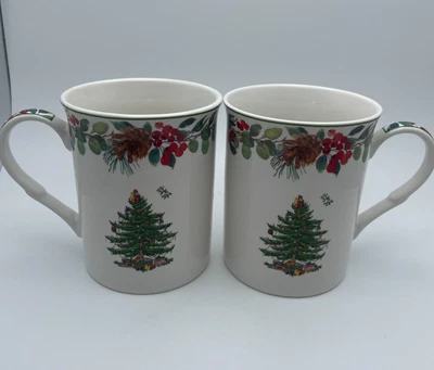 Spode Christmas Tree Mugs Poinsettia & Holly Border Set of 2 Holiday 10oz C23 - Image 1 of 4