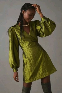 Anthropologie Wrap Dress Womens 8 Green Puff Sleeve Taffeta - Picture 1 of 9
