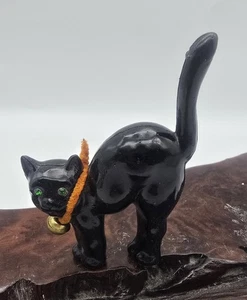 Vintage Halloween Black Cat Figurine With Green Jewel Eyes Brass Bell Figurine - Picture 1 of 5