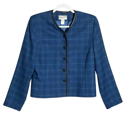 Pendleton Sz 8 Vintage 80s Plaid Blazer Virgin Wool Leather Trim Shoulder Pads - Image 1 of 4