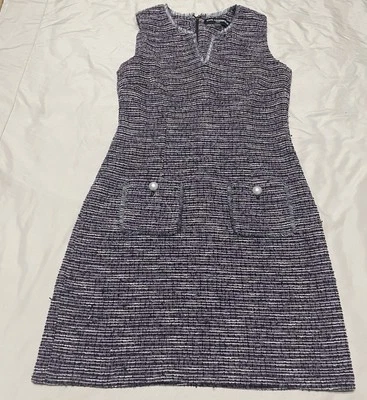 Karl Lagerfeld Tweed Short Sleeve Sheath Shift Dress Purple Pearls Fringe 6 - Image 1 of 4