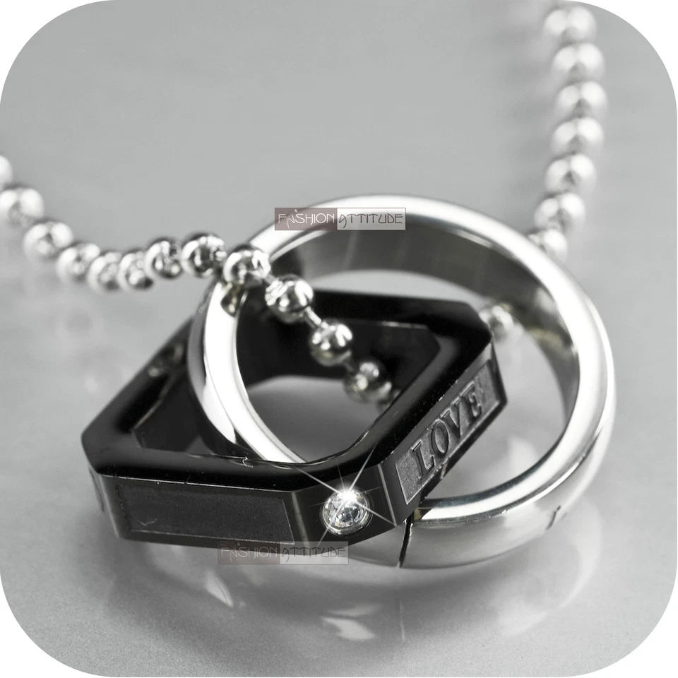 black silver ring round square pendant steel ball chain necklace CZ Love Life Foto 1 de 1
