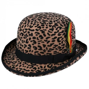 Leopard 100% Wool Bowler Hat High Quality with Removable Feather Satin Lined - Picture 1 of 3