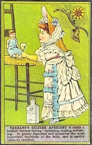 GIRL FEEDS DOLL FROM BOTTLE OF TARRANT’S SELTZER APERIENT MEDICINE-TRADE CARD - Picture 1 of 2