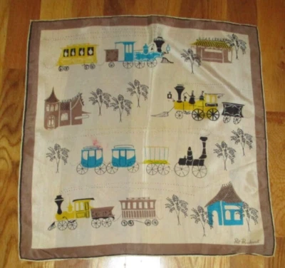 Vintage Pat Prichard Trains Carriages 100% Silk Handkerchief Hankie 16" - Image 1 of 4