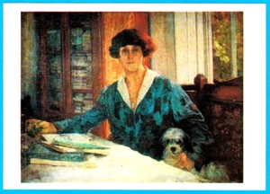 Grigory Ciss 1986 Ukrainian postcard WOMAN AT TABLE Books Small Terrier Dog - Foto 1 di 2