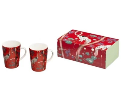 Iittala Taika 15th Anniversary Mug Pair Set ARABIA Red Floral Bird 400ml New - Image 1 of 4
