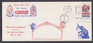US Scott 1309 FDC. 1966 5c Circus, Delavan, Wisc. bi-color cachet, dual cancels - Picture 1 of 1