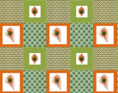 Peacocks Feathers Green Orange Patchwork Geometric PVC Plastic Vinyl Table Cloth - Image 1 of 4