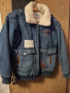 Vintage 80s 90s Denim Bomber Jacket Coat Boy SMALL AKA BAY Sherpa Lined Heavy - Picture 1 of 10