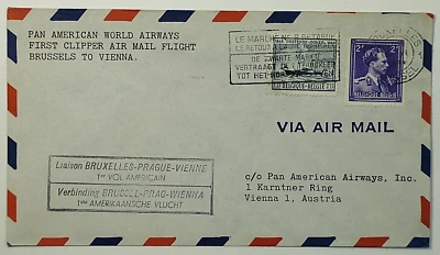 1946 Belgium First Flight Pan American Brussels to Vienna Austria Airmail Cover - Image 1 of 2
