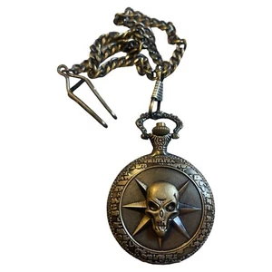 NOS BRONZE TONE CASE WHITE FACE QUARTZ POCKET WATCH SKULL W/Chain - Picture 1 of 3