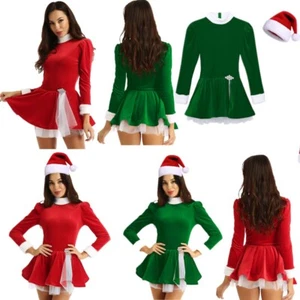 Women's Christmas Dress Santa Claus with Hats Costume Leotard Dresses Dancewear - Picture 1 of 33