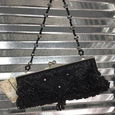 Bolso sin asas Fashion Express formal cóctel chevron mango con cuentas borla negro pequeño Foto 1 de 4