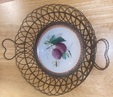 Antique~Wire~Plate~Bun Warmer~Egg Basket~Porcelain 1890-1910 Plums Butterfly~ Cover