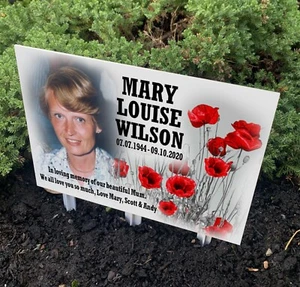 Personalised grave marker, Photo plaque & stake, Poppy design, In loving memory. - Picture 1 of 24