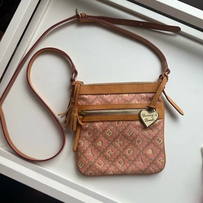 DOONEY & BOURKE - Pink & Tan Heart Design Coated Canvas Cross Body Messenger Bag - Image 1 of 4