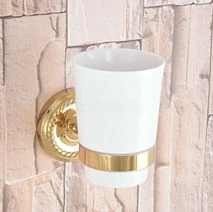 Gold Color Brass Wall Mounted Toothbrush Holder with Single Ceramic Cup Zba592 - Picture 1 of 8