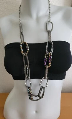 Designer Chicos Long Silver +Beaded Crystal Chain Links Statement Necklace /Belt - Image 1 of 4