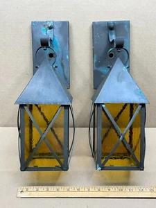2 Vintage Mission Copper Arts & Crafts Exterior Entry Sconce Amber Glass Working - Picture 1 of 15