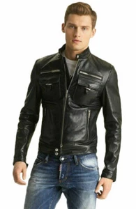 Chaqueta Para Hombre Piel de Cordero Genuina Perfecto Cuerpo de Motociclista Ajustado Chaqueta de Cuero Negra - Imagen 1 de 5