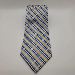 Corbata Bachrach Para Hombre Azul Amarillo Cuadros 100% Seda Hecha a Mano Italia - Imagen 1 de 5