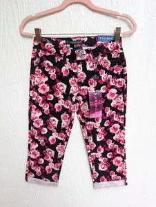 NWT Vigoss The Jagger Capri Super Stretch Pants Black Pink Roses Girl's Size 12 - Picture 1 of 5