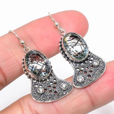 Salt Paper Rutilated Quartz & Topaz 925 Silver Earring 1.58" S2699 - Image 1 of 4