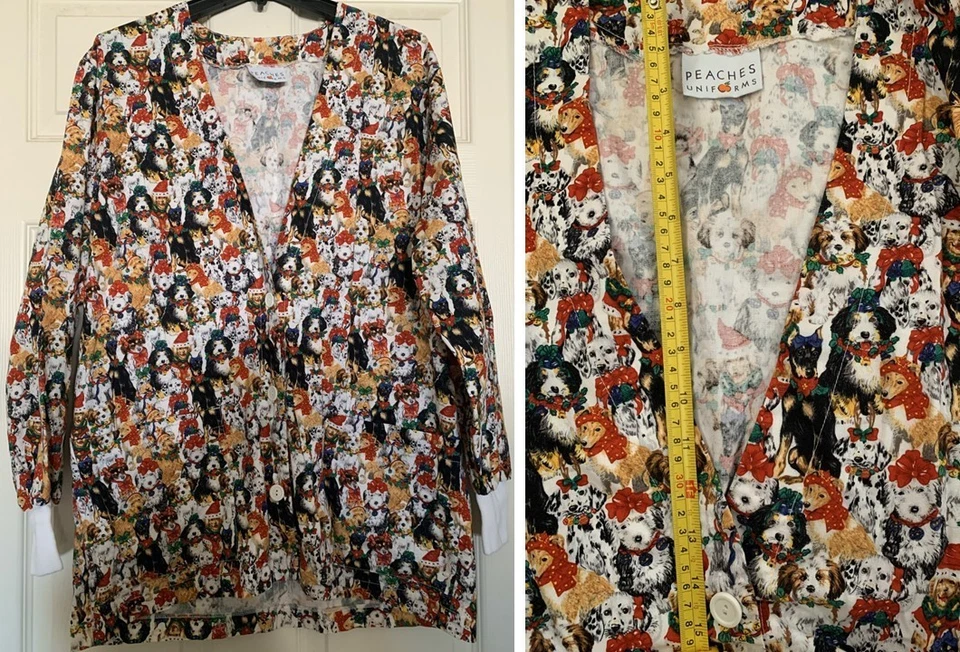 Christmas Dogs Long Sleeves Peaches Uniforms Scrubs Dental Medical Nurse Large? - Image 1 of 1