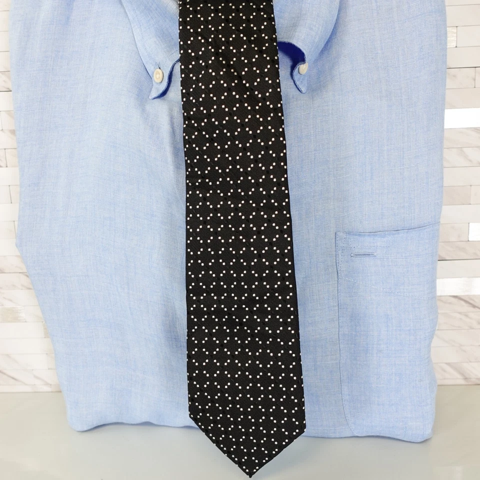 ATELIER 365 Neck Tie Mens Black Simple Polka Dot Silk Micro Repeat Skinny Modern - Image 1 of 4