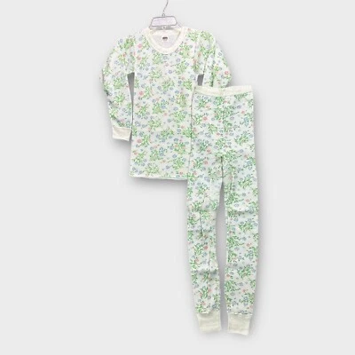 复古 NOS 70 年代华夫格保暖长款内衣套装裤子衬衫花卉小屋农场 S — 第 1/4 张图片