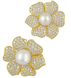 Certified 4.51ct Natural round Diamond 14k solid yellow gold pearl stud earrings - Picture 1 of 3