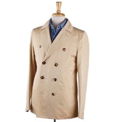 NWT $2195 ISAIA Tan Cotton and Linen Peacoat with Suede Trim M (Eu 50) Jacket - Image 1 of 4