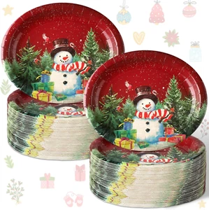 100 Pcs Christmas Snowman Plates Christmas Disposable Oval Paper Plates 10'' X 1 - Picture 1 of 6