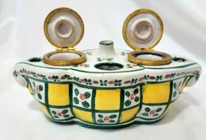 Antiguo tintero francés Aladin Francia porcelana francesa con cubiertas con bisagras raras - Imagen 1 de 11