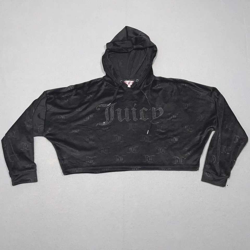 Sudadera con Capucha Recortada Juicy Couture Terciopelo Negro Logo Estrás M Foto 1 de 4