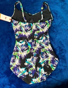 SPEEDO BLACK PURPLE GREEN FLORAL LEAVES RUCHED 1 PIECE SWIMSUIT 6 - Picture 1 of 6
