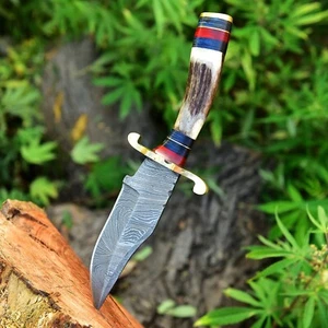 CUSTOM HANDMADE DAMASCUS FEDER STEEL BOWIE KNIFE HANDLE STAG Antler Survival - Picture 1 of 6