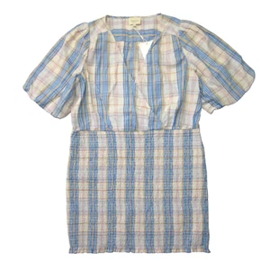 NWT Sezane Olga in Camel Blue Plaid Smocked Skirt Blouson Mini Dress 46 / US 12 - Picture 1 of 9