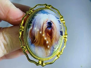 Medallion Dog Lhasa Apso Vintage Gold Porcelain Brooch Pin V-5746 - Picture 1 of 4