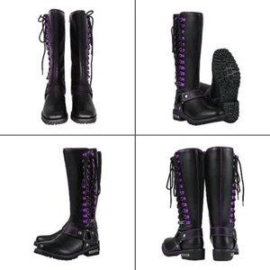 Women's Biker Boots Lace Up Knee High Full Length Shoes PU Leather Square Toe - Picture 1 of 24