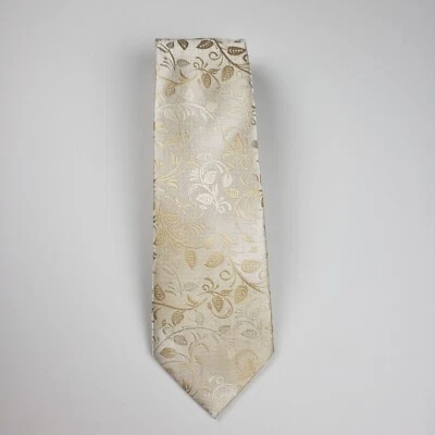 BARRY WANG Men's 100% Silk - Ivory and Gold Floral Pattern 60 3 1/2" Necktie - Image 1 of 4