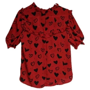 NUOVO NY&C Top Donna Camicetta Media Cuori Vivo San Valentino Maniche Contadine Rosso M - Foto 1 di 12
