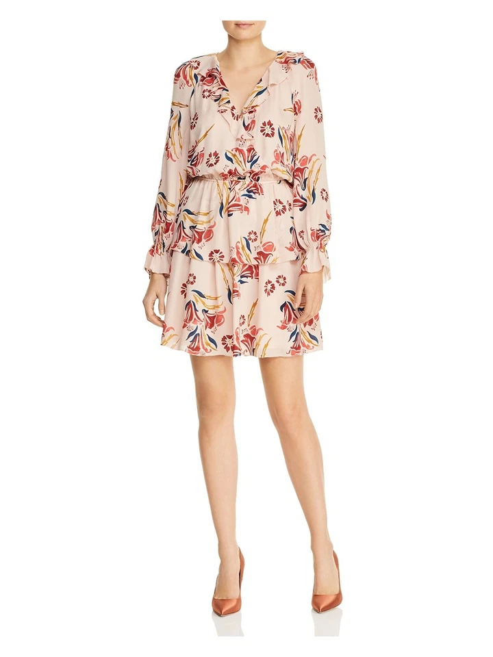 JOIE Womens Pink Floral Long Sleeve V Neck Short Sheath Dress Size L