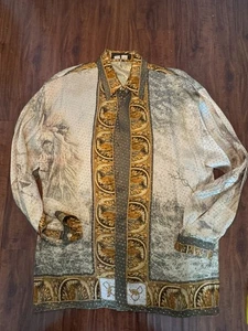 Seta Per Uomo Silk Button Up Shirt Men's Size Small Beige Gold Metallic Lion - Picture 1 of 9