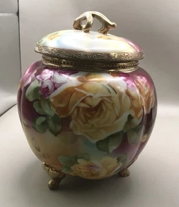 Nippon Hand Painted Floral Covered Biscuit Jar With Gold Trim 3 Feet - Picture 1 of 11