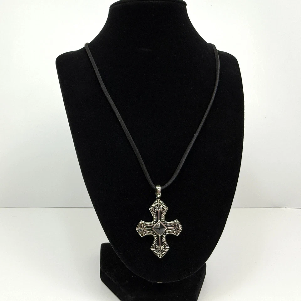 Collar Colgante Cruz Ágata Negra Acero Inoxidable Vintage Estilo Antiguo Plata Foto 1 de 4