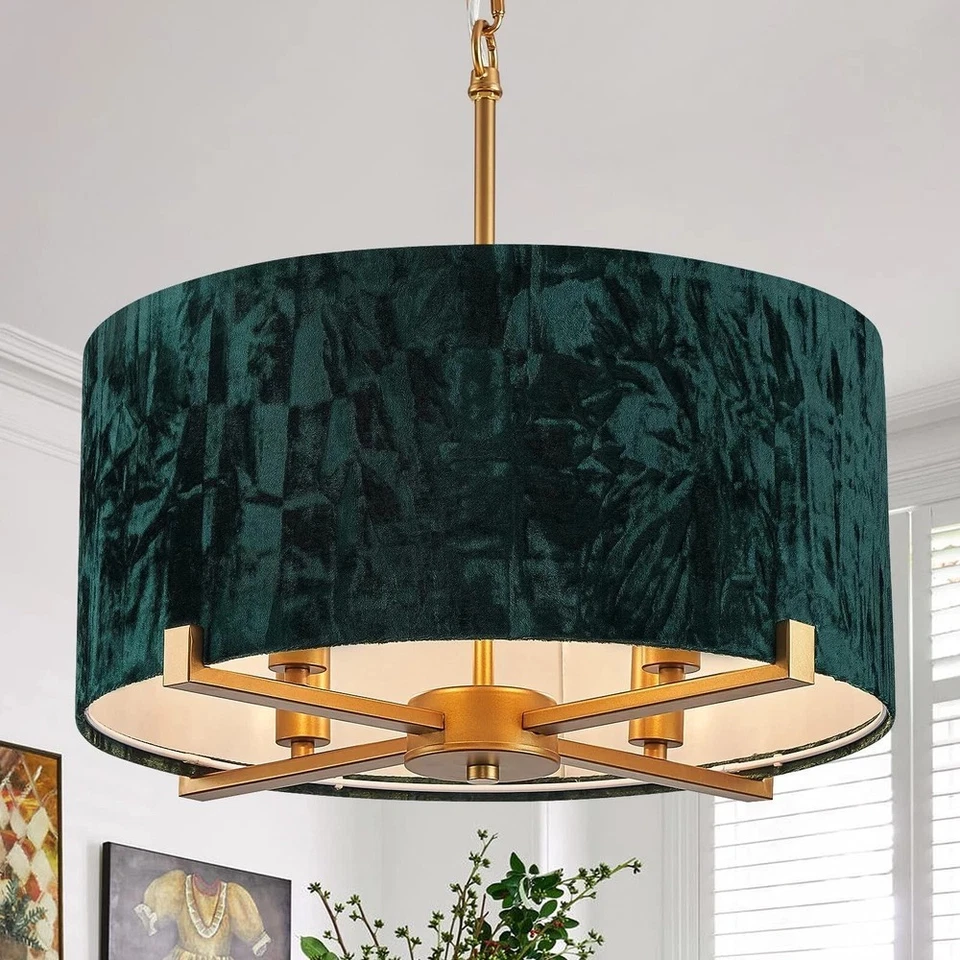 "Colgante de araña de tambor de 4 luces vintage dorado y verde esmeralda colgante redondo de 18""... Foto 1 de 4